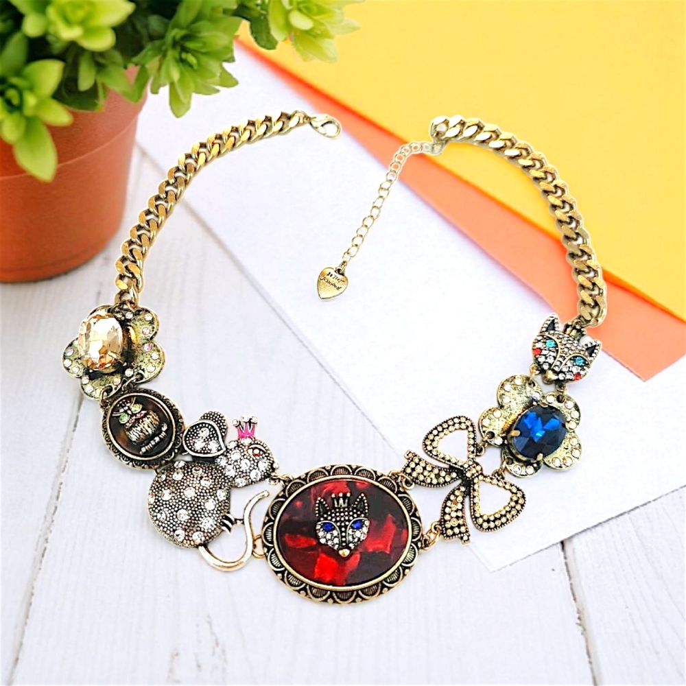 Gold Multicolor Crystal Crowned Fox, Owl, Mouse Necklace By Betsey Johnson